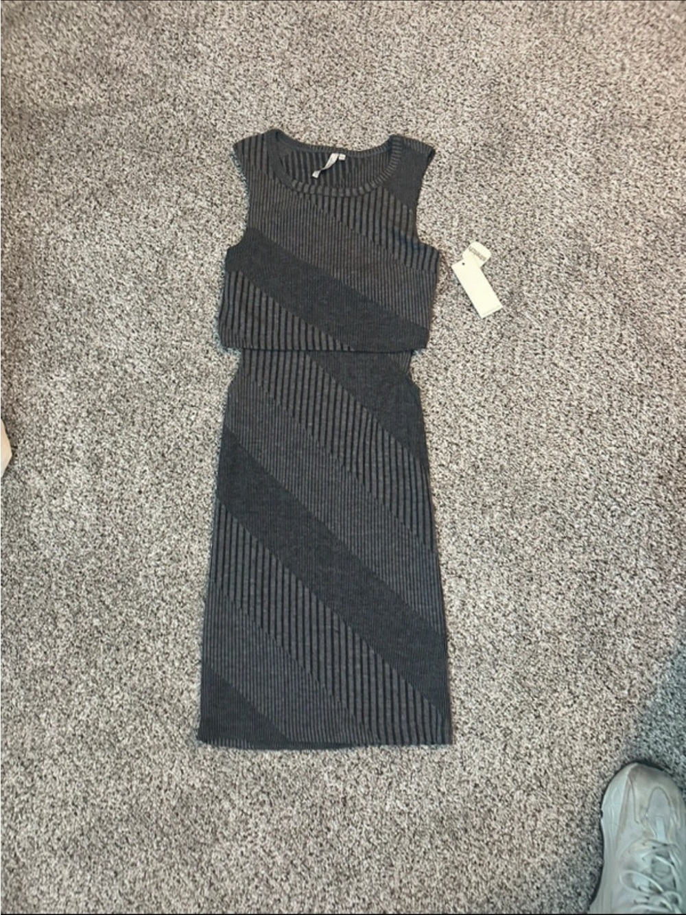 feathers Sleeveless Diagonal Rib Knit Maxi Dress in Charcoal